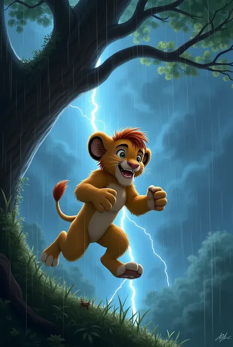 Sheru the lion cub rushing toward the tree branch with determination to help his friend, despite the storm still raging around them