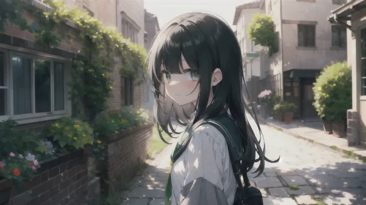 ((Alone:1.2)),cute girl talking with her boyfriend in garden,  high school uniform ,frOm side lOOking up,cObblestOne pavement, Long Hair, Black Hair, Green-gray eyes(),(  mottled sunlights :1.2),Blur,(depth Of field:1.1),  Blushing , 