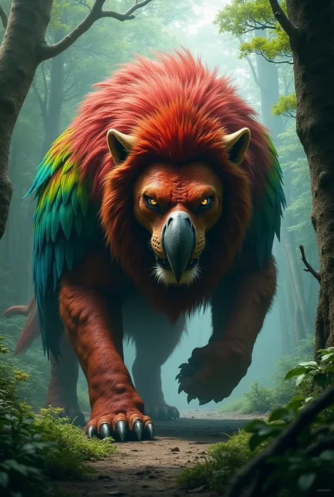 A giant muscular monstrous lion fused with a parrot in parrot fur and its body in a realistic forest