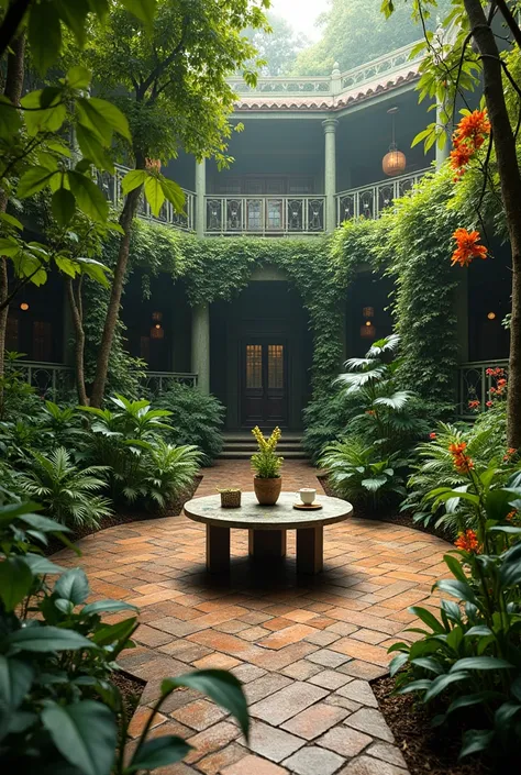 A palace garden , with many exotic plants, has a tea table in the center 