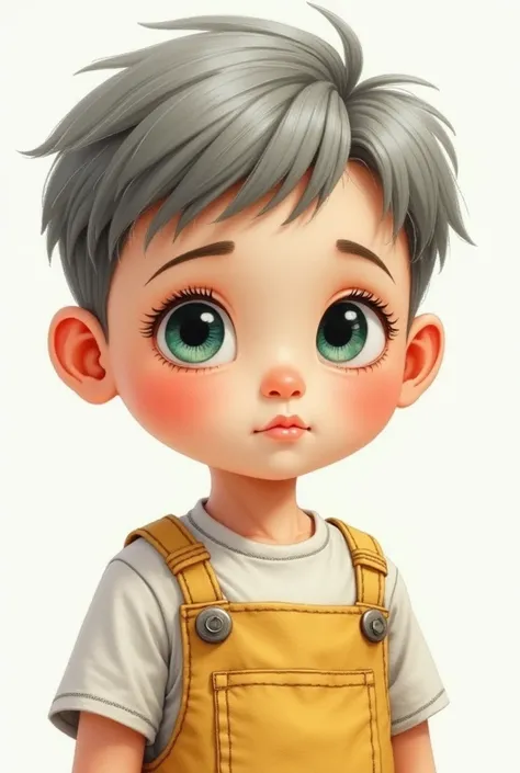 Portrait of a handsome boy, 5-, gray-gray hair, short haircut, big dark green eyes, chubby lips, light yellow overalls, realism, Watercolor, 4k, High detail
