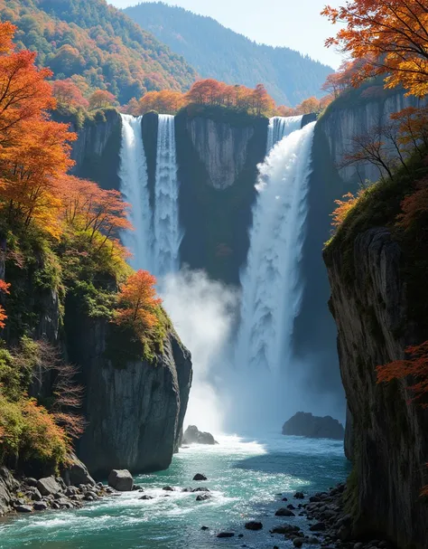  Hi-Res, masterpiece,  High Quality ,  Ultra High Definition, Autumn leaves and waterfalls in Japan,colorful autumn leaves ,A large waterfall with a drop,