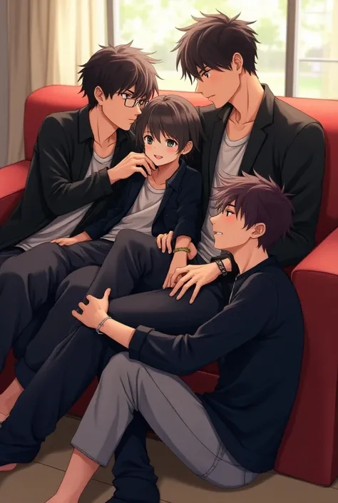 Anime style// 5 asian boys, 3 are sitting on couch, 2 are sitting on ground, leaning the couch. The centre boy is pretty,small and skinny like uke. the boy from the right is grabbing centre boys waist,he is a bit brown and handsome. the boy from right on g...