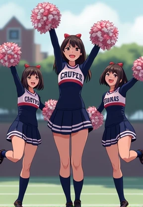 3 high school girls in uniform, holding pompoms, dark blue high socks, and loafers