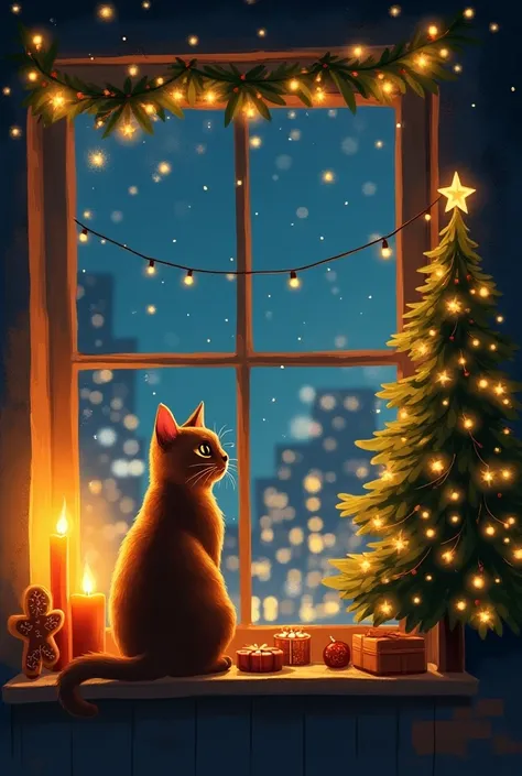  New Years cozy illustration , The cat sits on the windowsill,  on the left gingerbread cookies and candles,  outside the window evening city ,  on the eaves there is a garland , светится желтым,  glows yellow on the right of the Christmas tree branch  