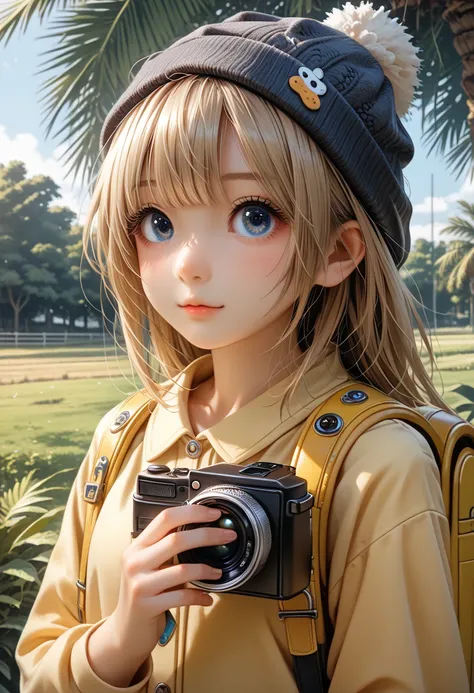  anime girl (((Yellow Backpack)))  (((Four dogs in a coconut tree field))), ((((Blue Eyed Girl)))), ((( The girl is wearing a beanie))),  cute detailed digital art,  cute digital paint , ((((Character&#39;s front camera)))), Work in the style of guweiz ,  ...