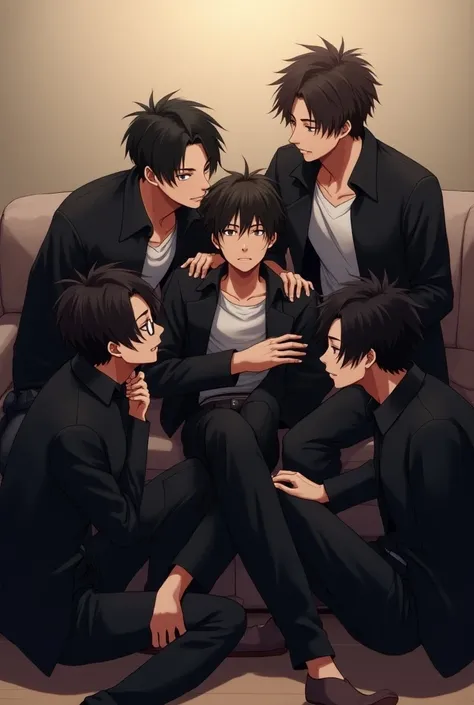 Anime style// five asian adult boys, 3 are sitting on couch, 2 are sitting on ground, leaning the couch. The centre boy is pretty,small and skinny like uke. the boy from the right is grabbing centre boys waist,he is a bit brown and handsome. the boy from r...