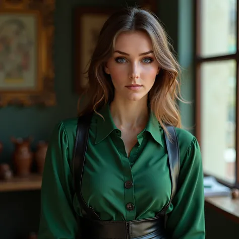 a close up of a woman in a  green shirt  and black skirt, Portrait of Julia Pishtal, Popular in the CG Society , Renaissance, Office Wear, Green and black, Black and Green, Black Leather Slim Clothes , Leather pants with a belt, Leather clothing, Black lea...