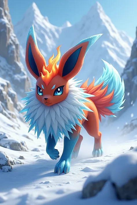 Un mélange entre le Pokémon Pyroli et Givrali qui marche dans une montagne enneigée avec des bouts de glace qui sortent de sa peau et des flammes qui tournent autour de lui