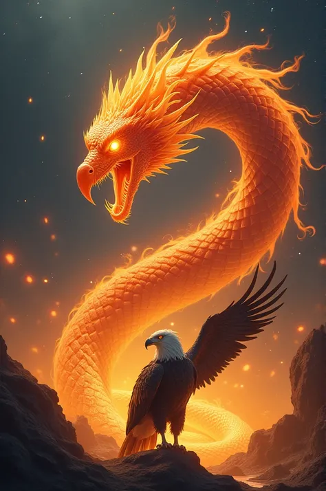 massive, fiery serpent, its scales ablaze with vibrant oranges and yellows, emerges from a dark, its body undulating as it slithers outward, its forked tongue darting in and out, as it grows in size, its coiled tail unwinding, filling the surrounding space...