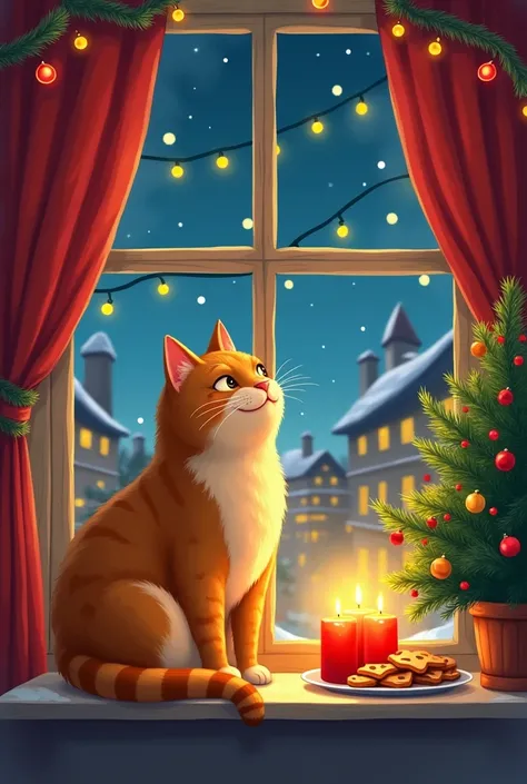  New Years cozy illustration ,  cute fat cat sitting on the windowsill,  on the left gingerbread cookies and candles,  outside the window evening city ,  on the eaves there is a garland , glows yellow ,  glows yellow on the right of the Christmas tree bran...