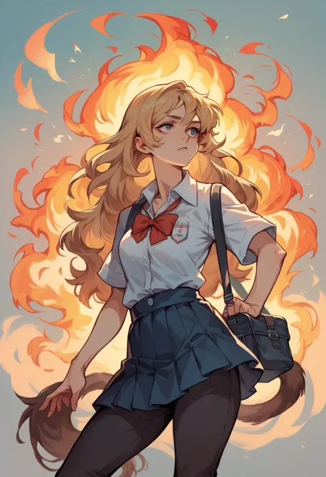 Two Russian Schoolgirls ,  dressed all in black stand in front of a burning school, at the top there is an inscription  "explosion" realism style ,  one blonde with flowing hair  ,  another with brown hair and a tail , blonde in a skirt ,  brunette in pant...