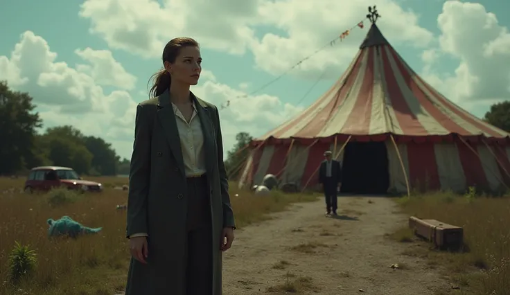 A female detective, sneaking around behind an abandoned circus and entering an old tent
