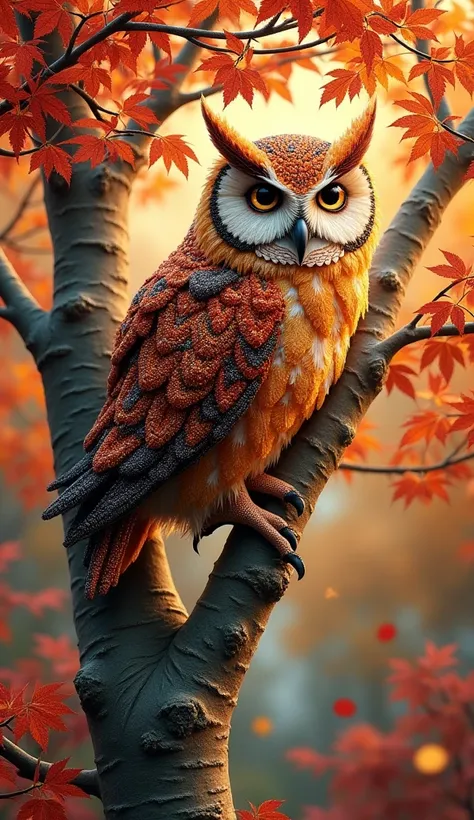 beadwork, handmade  ,charming owl sits on a tall tree,autumntime 🍁 ,definition,depth of color, detail 