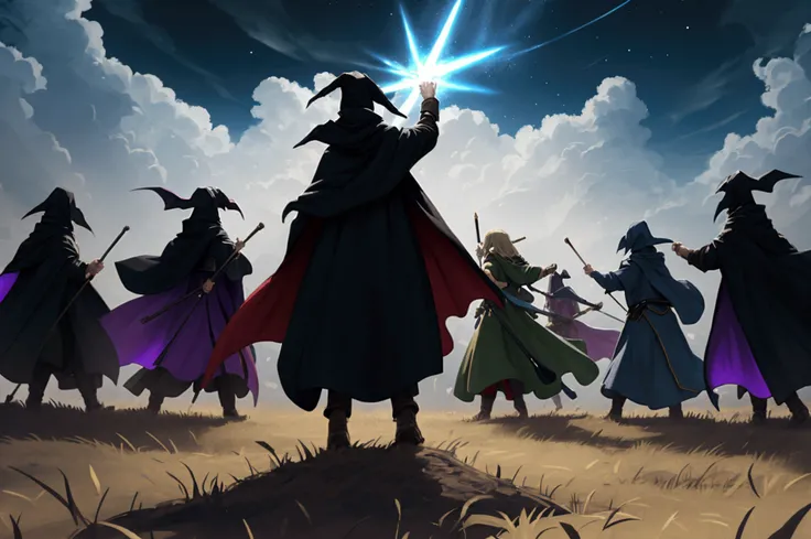 Illustration of a battle scene in a field between wizards and witches. They are dressed in cloaks. All of them throwing lighting rays in different vibrant colors with their wands against their enemies. Some are running. Some are jumping. Some are flying. T...