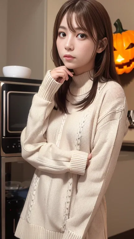 8k high definition quality、A room decorated for Halloween、halloween sweater, Cute Sweater、state of the art coffee maker、 cute high school girl