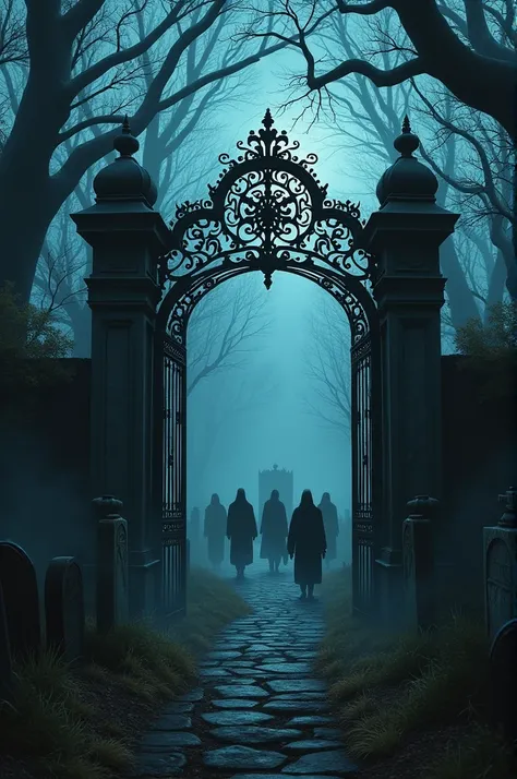  Create an image of a sinister and macabre gate of an abandoned and dark cemetery, With black figures walking between the headstones at night 9x16 image for Kwai 