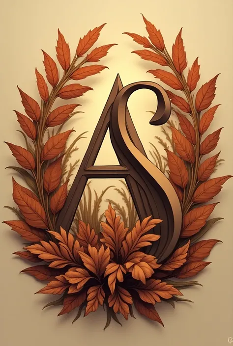 Make a logo with the initials A S in shades of brown, with surrounding foliage  