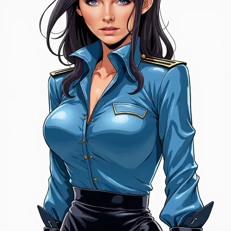 a close up of a woman in a blue shirt and black skirt, Blue clothes,  tight dark blue leather outfit , Latex clothing, Latex Judgment, satin,  wearing a blouse , Wearing blue clothes , Blue and Black,   line art captivating, captivating, and captivating  ,...