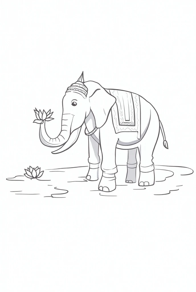 Drawing with thick line in thai style dont have color, elephant of King have lotus in elephant trunk