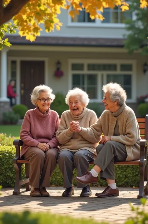 Three grandmas sitting at bench outside of a nursing home, a grandpa jumping and spinning for them