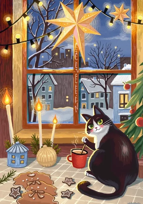  New Years cozy illustration ,  cute fat cat sitting on the windowsill,  on the left gingerbread cookies and candles,  outside the window evening city ,  on the eaves there is a garland , glows yellow ,  glows yellow on the right of the Christmas tree bran...