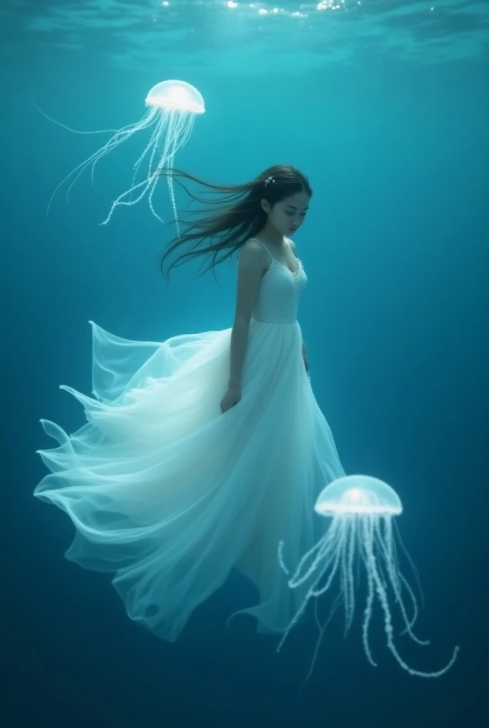 A girl with a beautiful white dress flowing in the ocean, two jellyfish