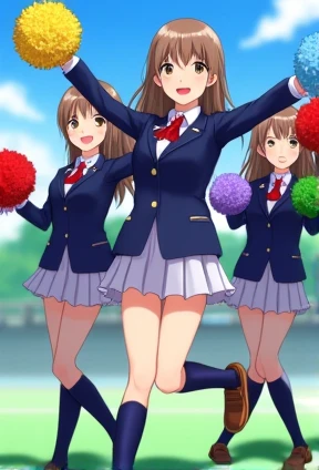 3 high school girls in uniform, holding pompoms in both hands, dark blue high socks, and loafers