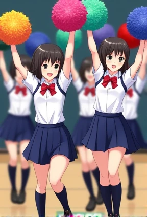 High school girls in uniform holding pompoms in both hands, dark blue high socks, and loafers