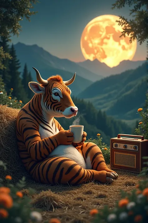 closeup image. A cow with skin on its body like tiger stripes. Sitting relaxed on a pile of hay. while drinking a cup of warm coffee. in the cup emitting smoke. beside it there is an old radio. near a big tree. it looks real and original. the picture quali...