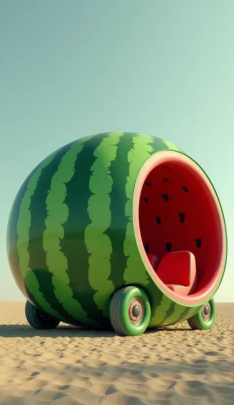 A large, round car shaped like a watermelon, with a green striped exterior and a smooth, shiny surface. The car’s body is divided in half, with the lower half being the darker green of the rind, and the upper half a lighter green. The wheels are hidden wit...