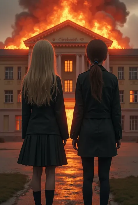 Two Russian Schoolgirls ,   dressed all in black stands in front of a burning school , at the top there is an inscription  "explosion"  realism style ,  one blonde with long hair in a skirt ,  another with brown hair in a ponytail in pants 