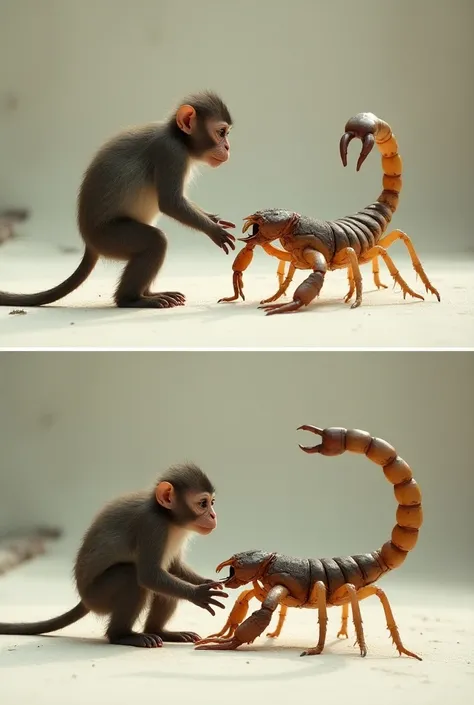 A monkey and a scorpion are on the side, and another photo of the two animals combined.