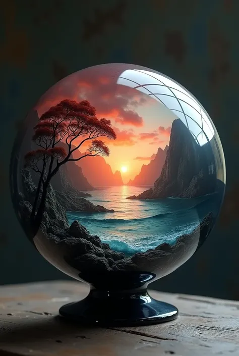 This photograph showcases a meticulously crafted, spherical glass sculpture set on a dark, textured surface, possibly an old wooden table. The sculpture is forged from a single piece of glass, capturing a surreal duality within. One side of the sphere reve...