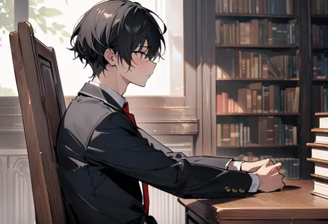 （masterpiece, best quality:1.2)、male、black hair、 short hair、黒いschool uniform, 黒のblazer,  red tie 、 black pants 、large desk、（unde...