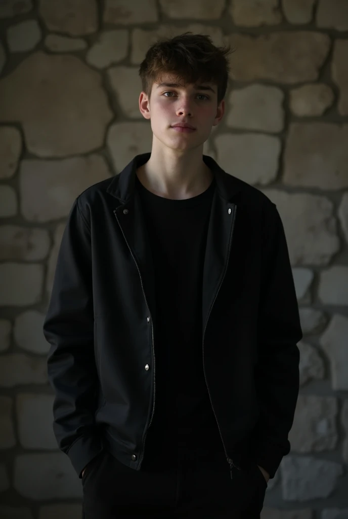 A portrait of a young man, about 19 years old, he is standing in a room with a stone background, a shoegaze and black metal singer similiar to George Clarke from Deafheaven, he has short hair and a decent outfit