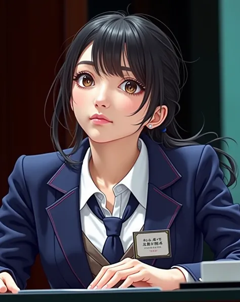 Arab asian woman sitting at desk wearing blue jacket and tie, Seifuku,  has a cute expression , & Her expression is solemn ,  she has a pretty face , Chiho, sakimimichan, shikamimi, Yoshitomo Nara,  she has black hair and bangs 