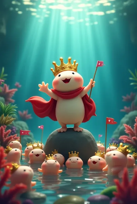 An adorable axolotl king stands proudly on a rock in a vibrant underwater scene, wearing a golden crown and red cape that flows around him. His arms are spread wide as he gazes joyfully at his axolotl subjects, who gather below in the water, cheering with ...