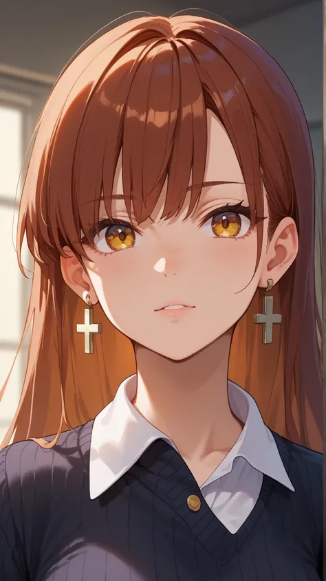 An anime girl with wavy, shoulder-length auburn hair and striking amber eyes, dressed in a fitted black sweater over a white collared shirt. She wears a delicate choker and silver cross earrings that glint softly in the light. Her expression is warm as she...