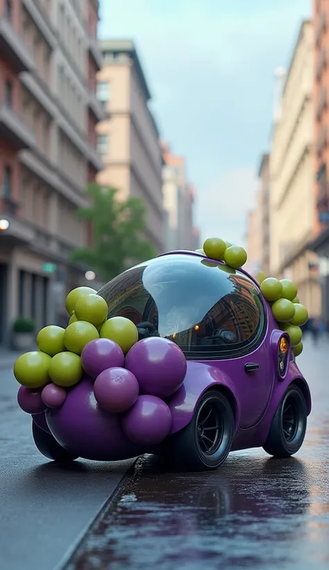 A futuristic car that looks like a bunch of grapes, with each individual grape acting as a pod-like cabin. The vehicle is made up of several purple or green spherical compartments connected together, and it rolls on small, round wheels embedded in the grap...