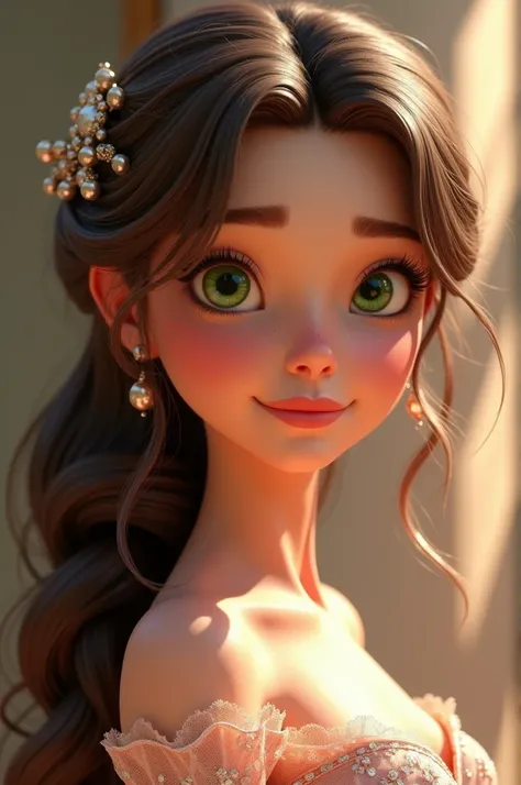 A very pretty 3D Disney Pixar style woman, young face with delicate features, long wavy dark brown hair that highlights golden locks, she has light green eyes and wears a very beautiful dress, princess dress, is wearing an accessory in her hair