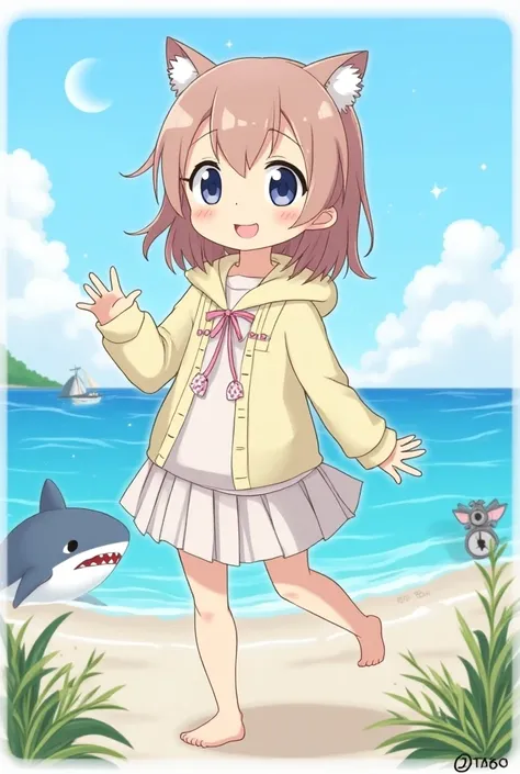 ribbon,  HOODIE, I dont know the length of hair ,ribbon付きのスカート,sea,Shark,clock, cuteウミムシ, anime style,  1 girl,  cute