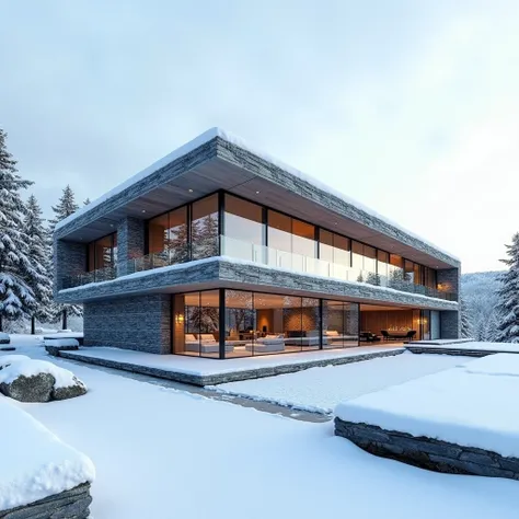 Imagine a contemporary home with a striking façade made of natural stone, set in the heart of a breathtaking snowy landscape. The stone walls exude strength and solidity, blending seamlessly with the surrounding white snow. Large, transparent glass windows...