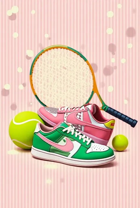  Create art to be used for a birthday invitation for the following theme: sneakers  (game)  in the colors pink, green, green limao da bola,  striped pink and white . O fundo deve ser  striped pink and white .  Place a tennis racket and also the ball 