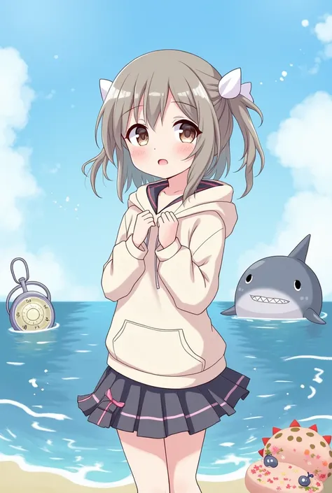 Ribbon on head,  HOODIE, I dont know the length of hair , skirt with ribbon,sea,Shark,clock, cuteウミムシ, anime style,  1 girl,  cute