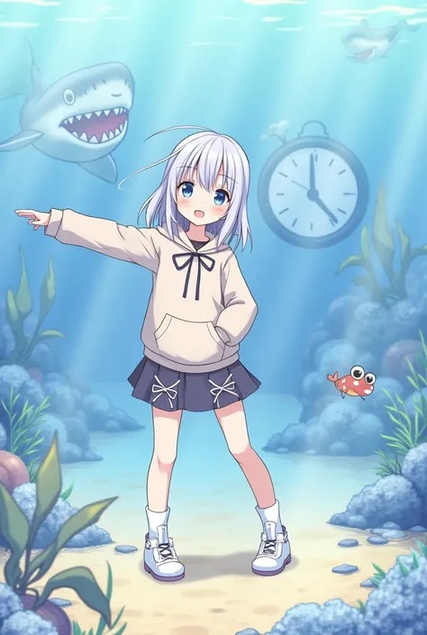 Ribbon on head,  HOODIE, I dont know the length of hair ,skirt with crossed bows,sea,Shark,clock, cuteウミムシ, anime style,  1 girl,  cute