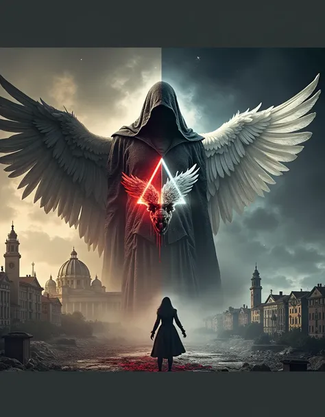  a war between good and evil , a hooded angel in the background ,  And a black woman , The divided world is a war between a very ugly red-headed vulture and the Vatican City and a smaller dove the city of Rio de Janeiro and in the middle of them a triangle...