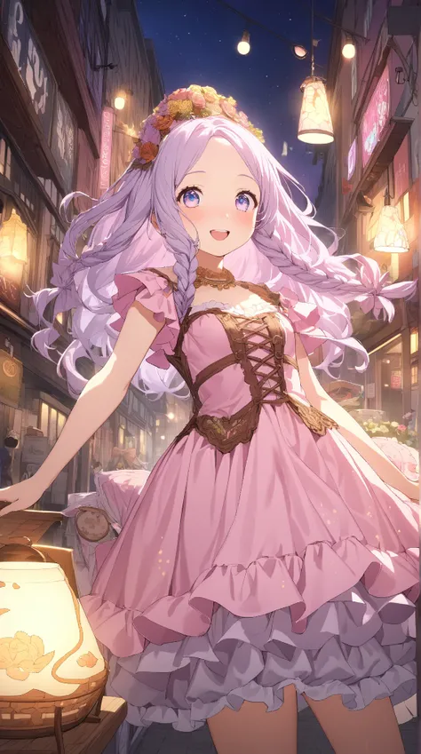 1 girl, ( cute face), Bright Eyes,  medium hair, Braided Hair,  Fantasy World Outfits, Frill dress,  small breasts,  Waving to Customers ,  Pottery Skin , break,  Bustling Entertainment District ,  Soft Lamp Light , ( Fantastic Atmosphere :1.4),  Smiles , ...