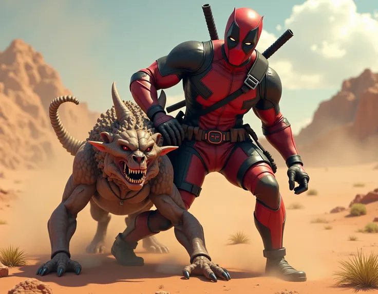 make me a deadpool character, trample Tirex with his foot, Tirex poses in pain because he was stepped on, desert background, full body shot, realistic