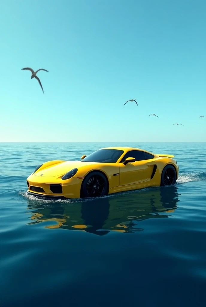 A YELLOW CAR IN THE MIDDLE OF THE OCEAN